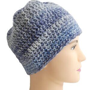 Chunky Blue Beanie Handmade Crochet Beret Hand Knit 8.5" Wool Blend NWT